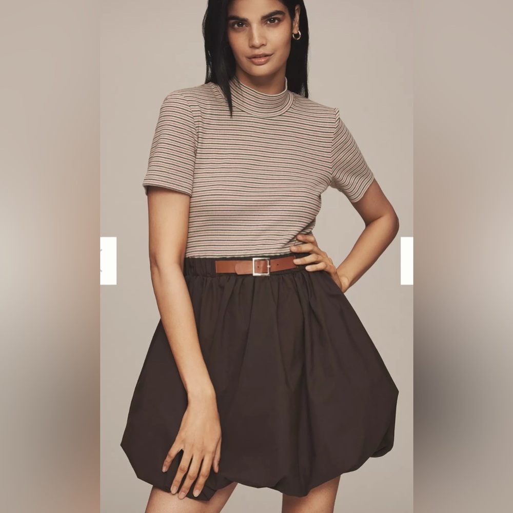 Anthropologie Maeve Belted Twofer Bubble Mini Dress‎ Striped Mock Neck Brown L